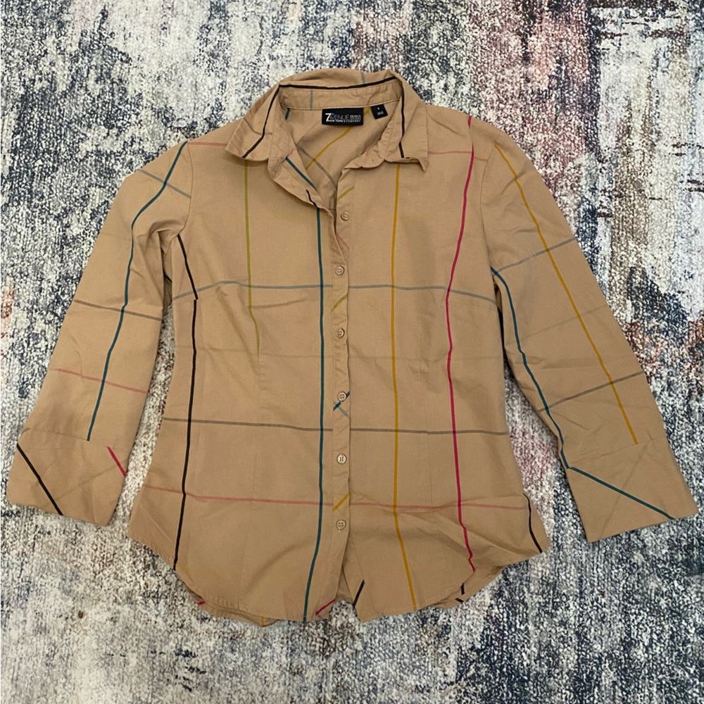 New York & Company Beige Plaid Shirt